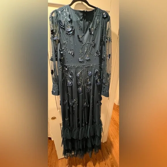 NWT Mac Duggal Mesh Long Sleeve V-Neck Tiered A Line Gown Size 16 Navy Twilight - Picture 4 of 8